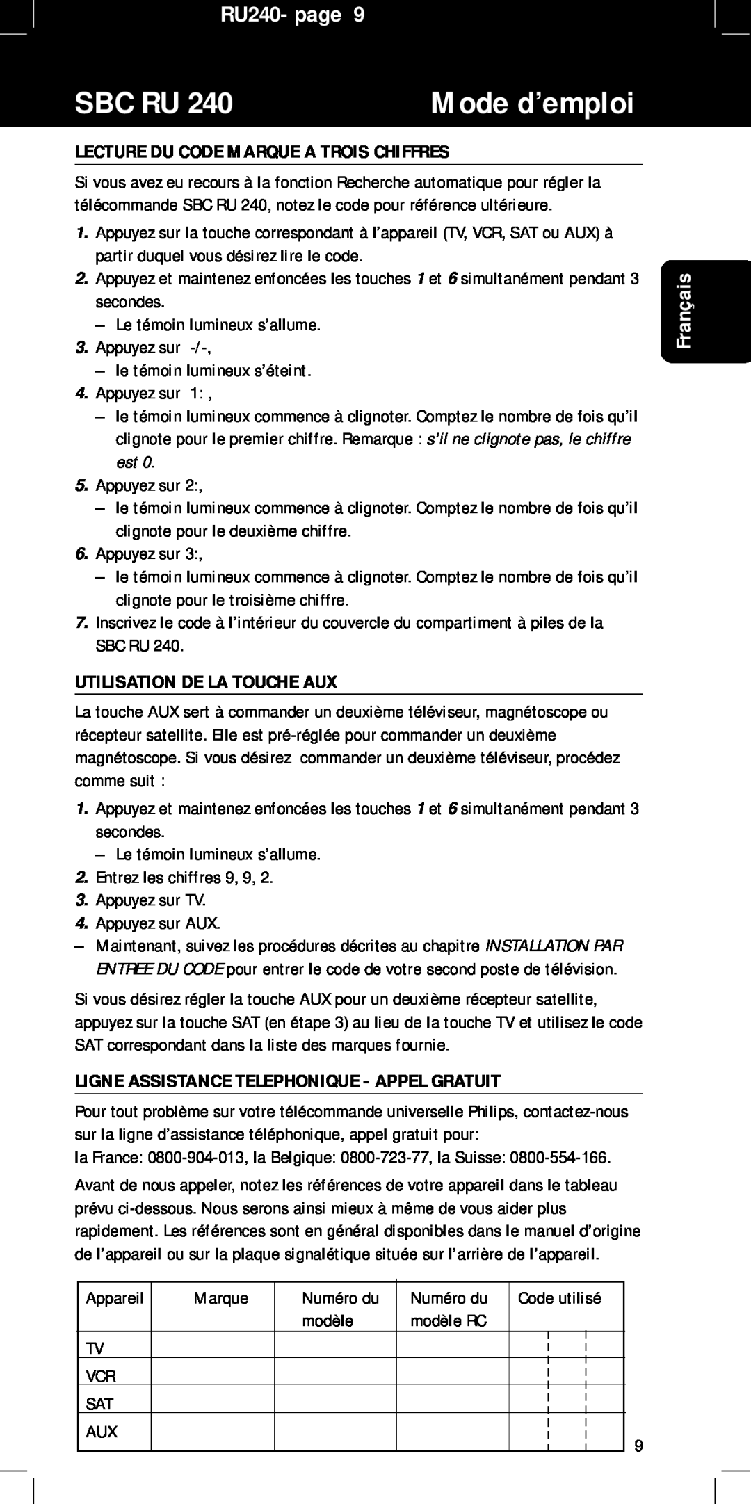 Philips manual Lecture Du Code Marque A Trois Chiffres, Utilisation De La Touche Aux, Sbc Ru, Mode d’emploi, RU240- page 
