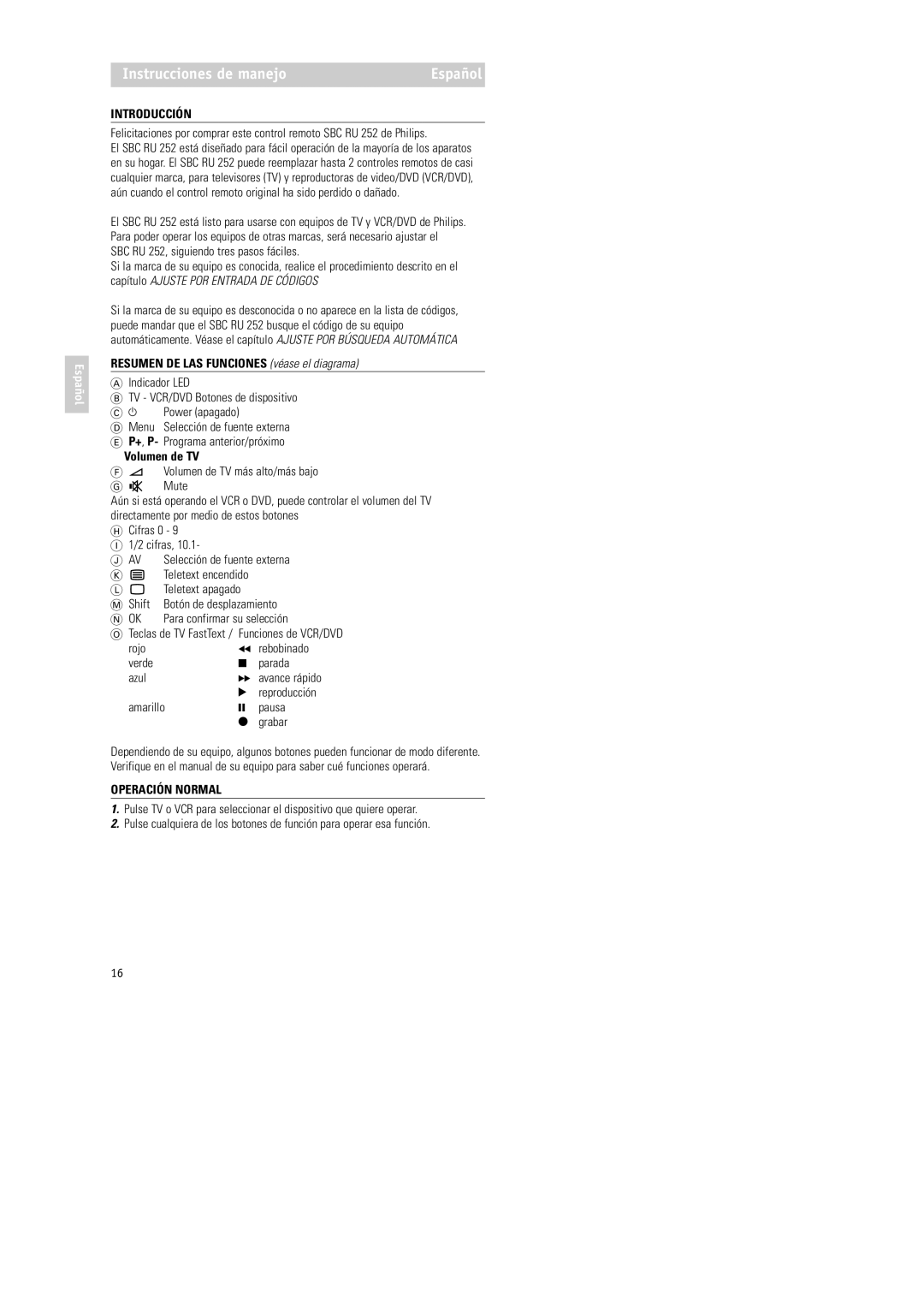 Philips RU252 manual Instrucciones de manejo, Introducción, Resumen DE LAS Funciones véase el diagrama, Volumen de TV 