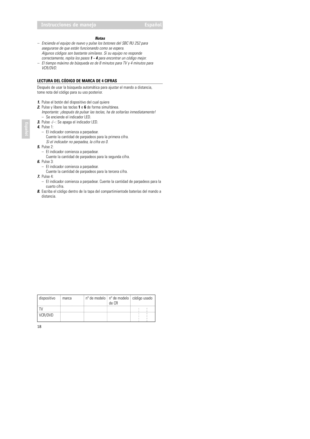 Philips RU252 manual Notas, Lectura DEL Código DE Marca DE 4 Cifras, De CR 