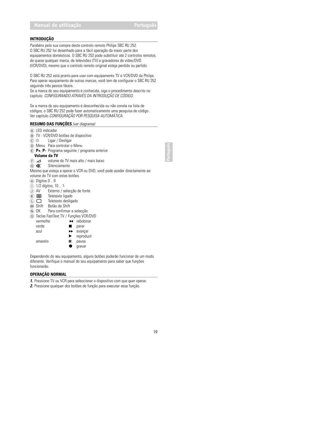 Philips RU252 manual Manual de utilização, Introdução, Resumo DAS Funções ver diagrama, Volume da TV, Operação Normal 