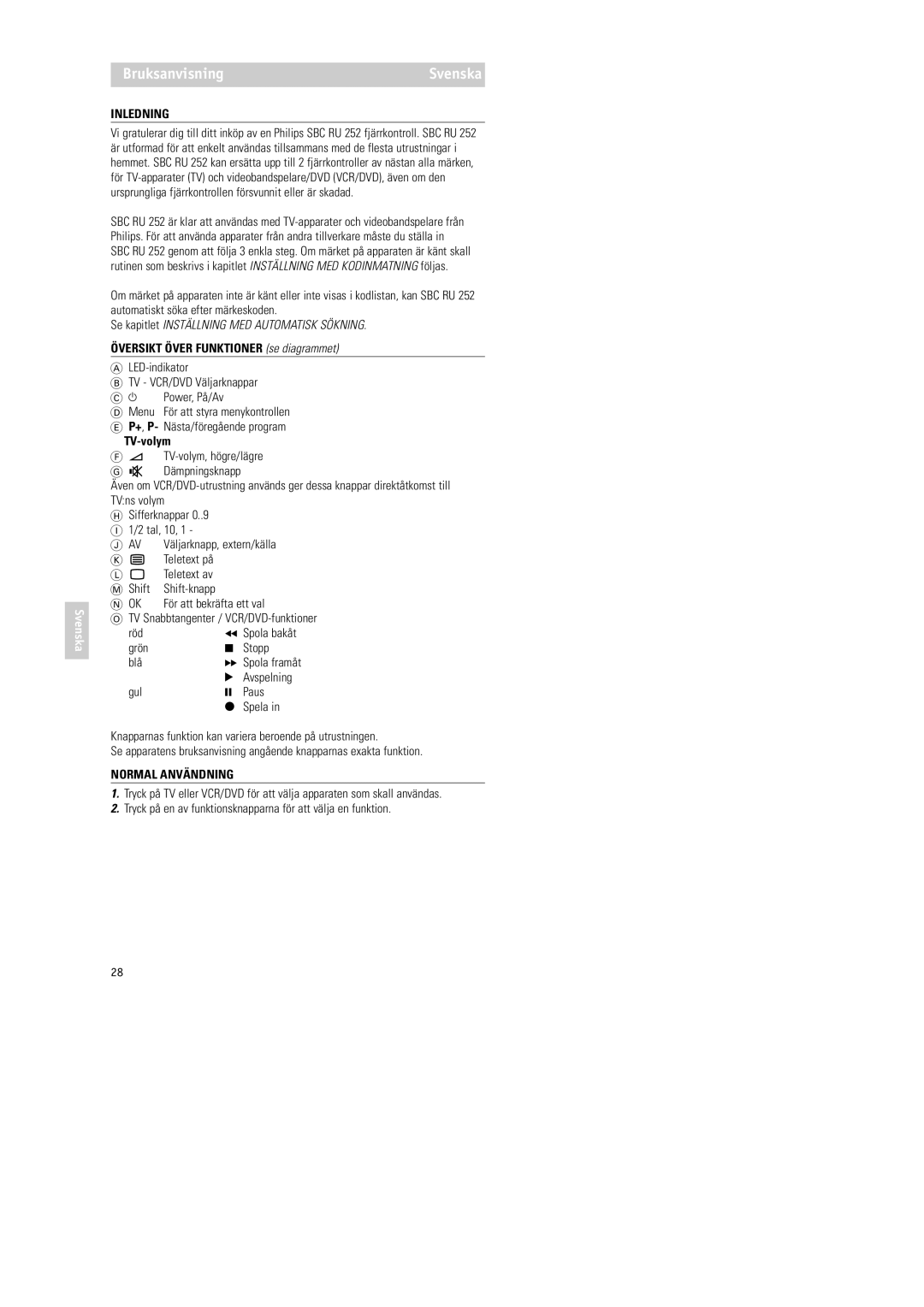 Philips RU252 manual Bruksanvisning, Inledning, Översikt Över Funktioner se diagrammet, TV-volym, Normal Användning 