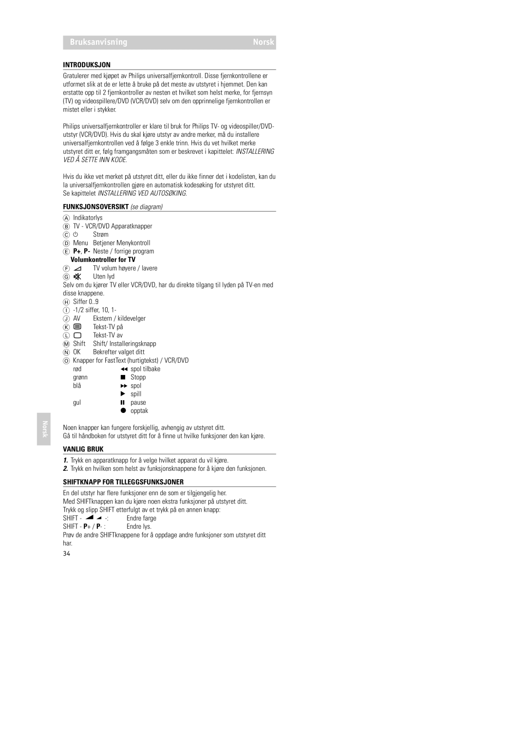 Philips RU252 manual Introduksjon, Funksjonsoversikt se diagram, Volumkontroller for TV, Vanlig Bruk 