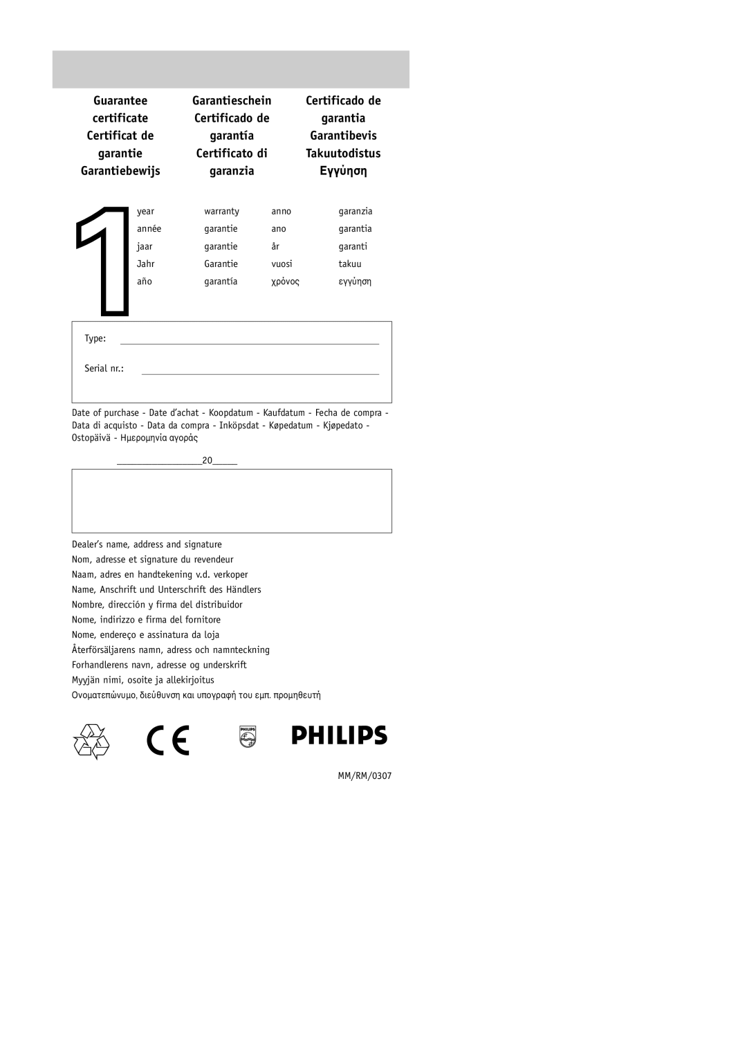 Philips RU252 manual Guarantee Garantieschein, Garantiebewijs Garanzia, MM/RM/0307 