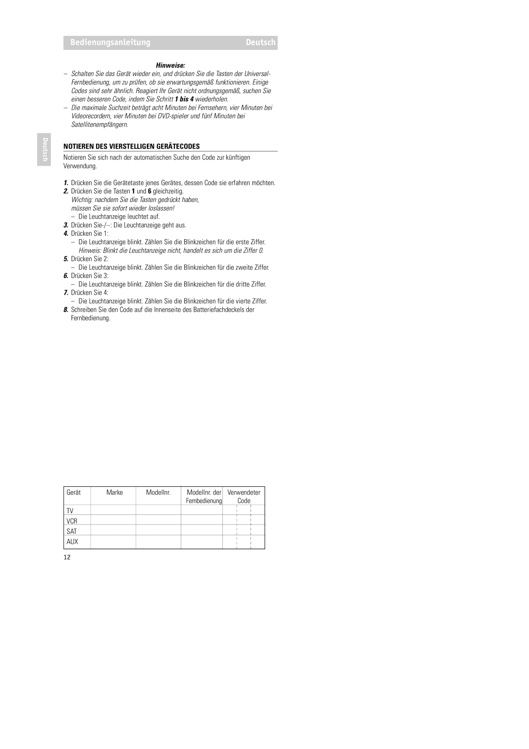 Philips RU254 manual Hinweise, Notieren DES Vierstelligen Gerätecodes, Drücken Sie 