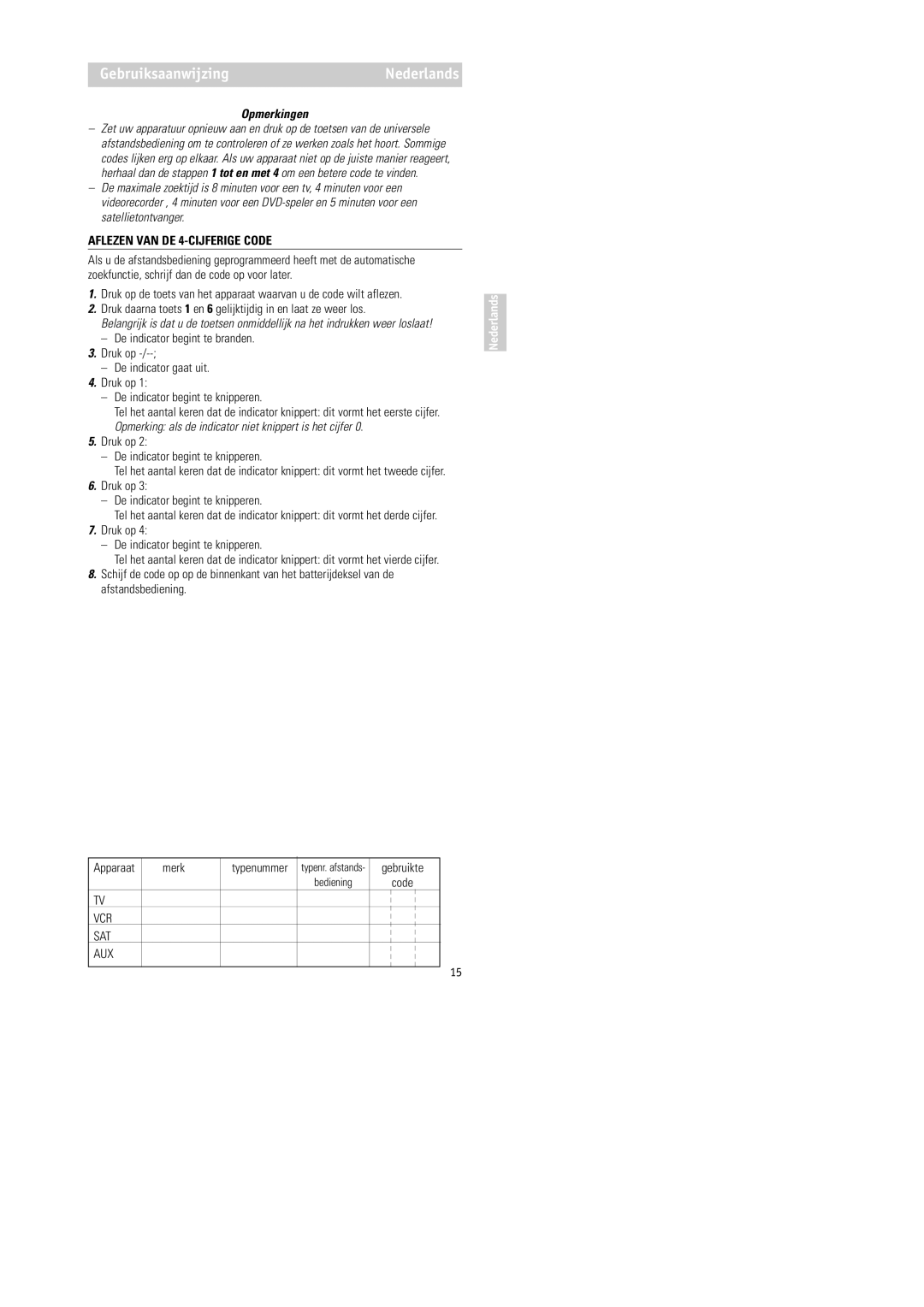 Philips RU254 manual Opmerkingen, Aflezen VAN DE 4-CIJFERIGE Code, Opmerking als de indicator niet knippert is het cijfer 