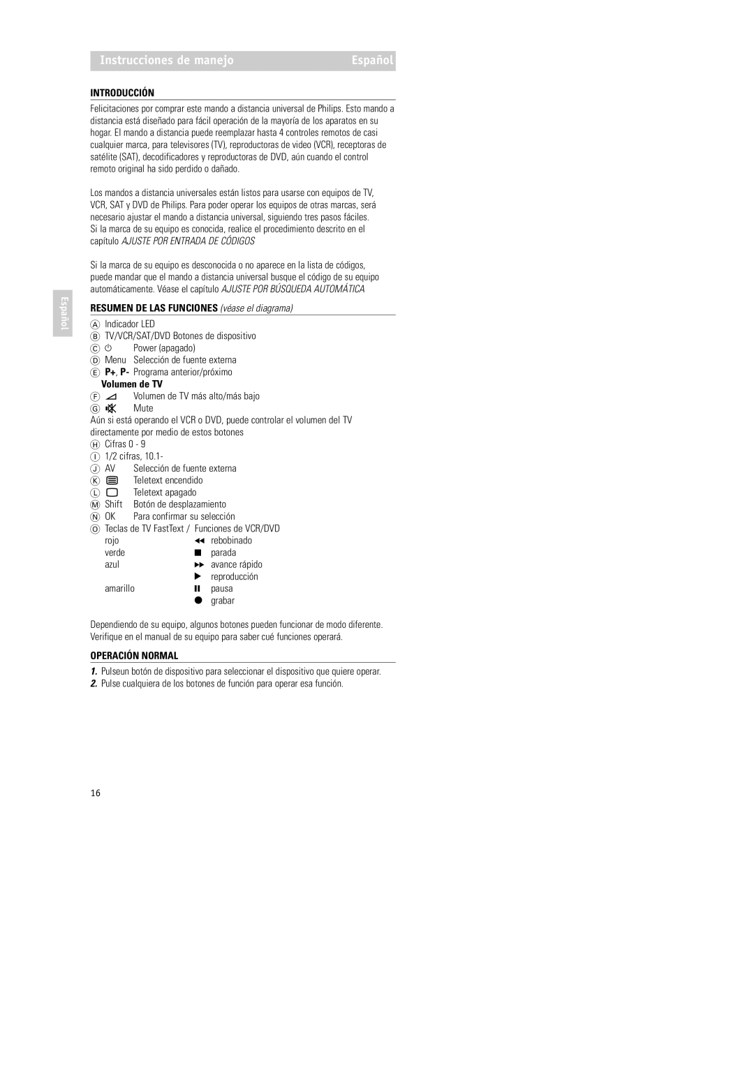 Philips RU254 manual Instrucciones de manejo, Introducción, Resumen DE LAS Funciones véase el diagrama, Volumen de TV 