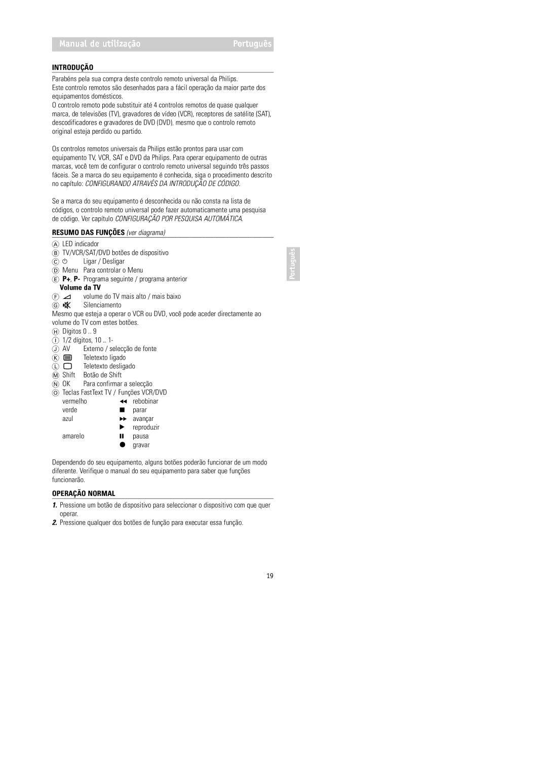 Philips RU254 manual Manual de utilização, Introdução, Resumo DAS Funções ver diagrama, Volume da TV, Operação Normal 