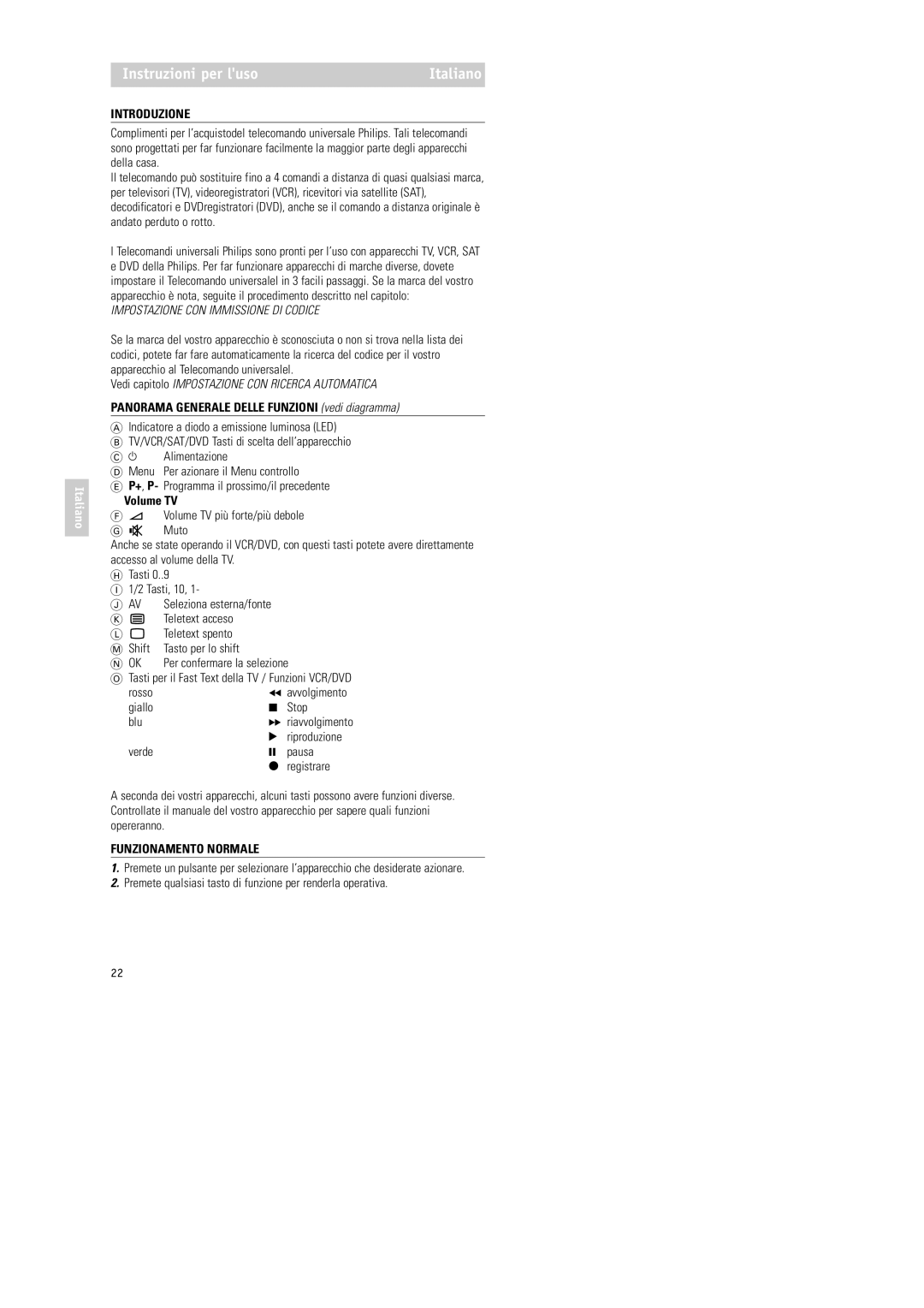 Philips RU254 manual Instruzioni per luso, Introduzione, Panorama Generale Delle Funzioni vedi diagramma, Volume TV 