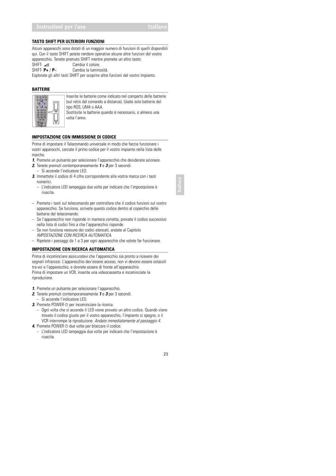 Philips RU254 manual Instruzioni per lusoItaliano, Tasto Shift PER Ulteriori Funzioni, Batterie 