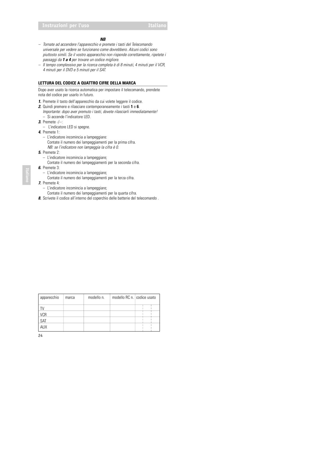 Philips RU254 manual Lettura DEL Codice a Quattro Cifre Della Marca, Apparecchio Marca Modello n 