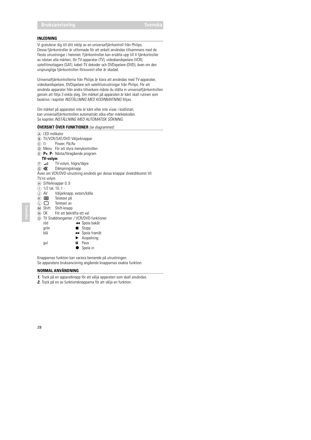 Philips RU254 manual Bruksanvisning, Inledning, Översikt Över Funktioner se diagrammet, TV-volym, Normal Användning 