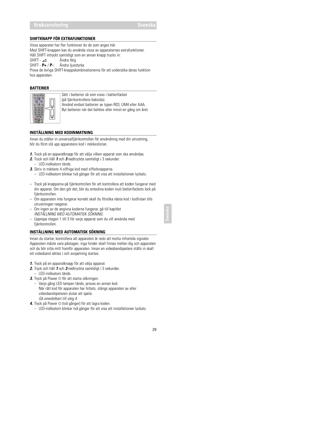 Philips RU254 manual BruksanvisningSvenska, Shiftknapp FÖR Extrafunktioner, Batterier, Inställning MED Kodinmatning 