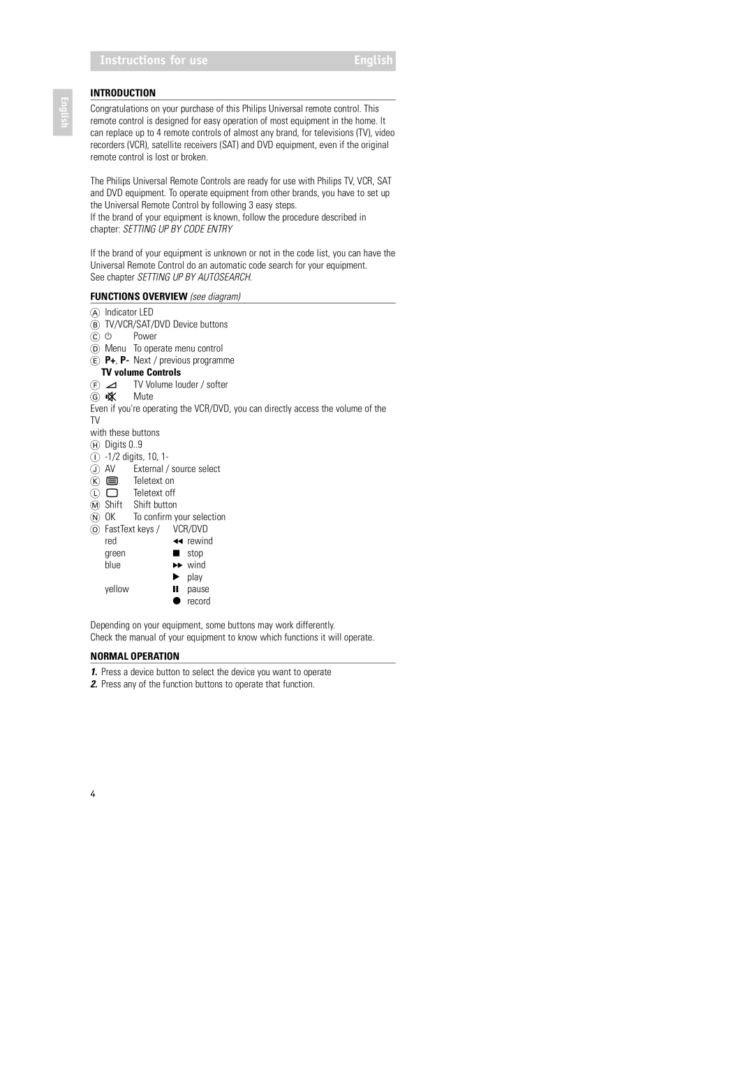 Philips RU254 Instructions for use, Introduction, Functions Overview see diagram, TV volume Controls, Normal Operation 