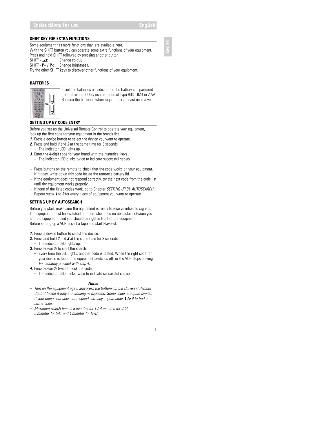 Philips RU254 manual Instructions for useEnglish, Shift KEY for Extra Functions, Batteries, Setting UP by Code Entry 