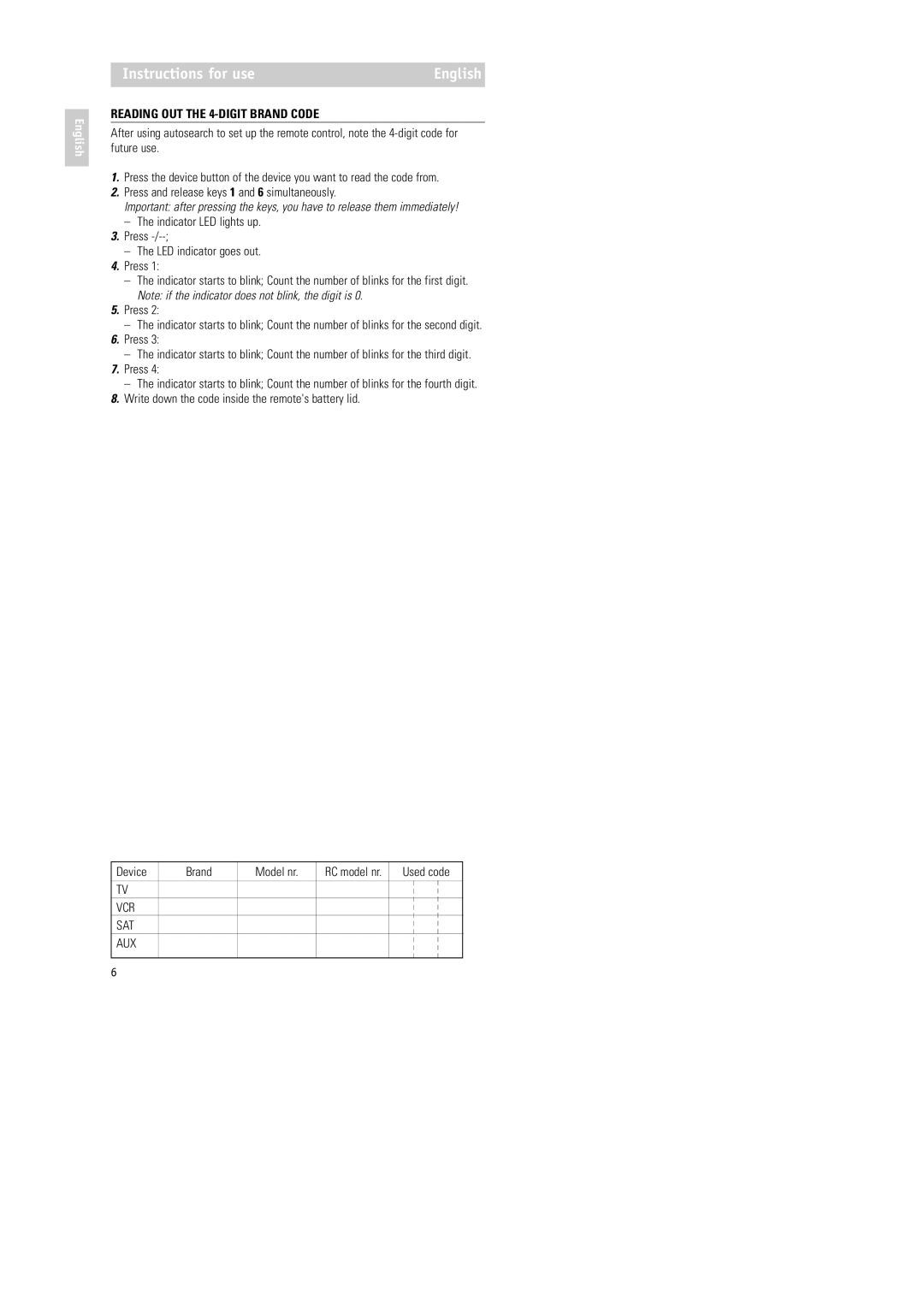 Philips RU254 manual Reading OUT the 4-DIGIT Brand Code, Press and release keys 1 and 6 simultaneously 