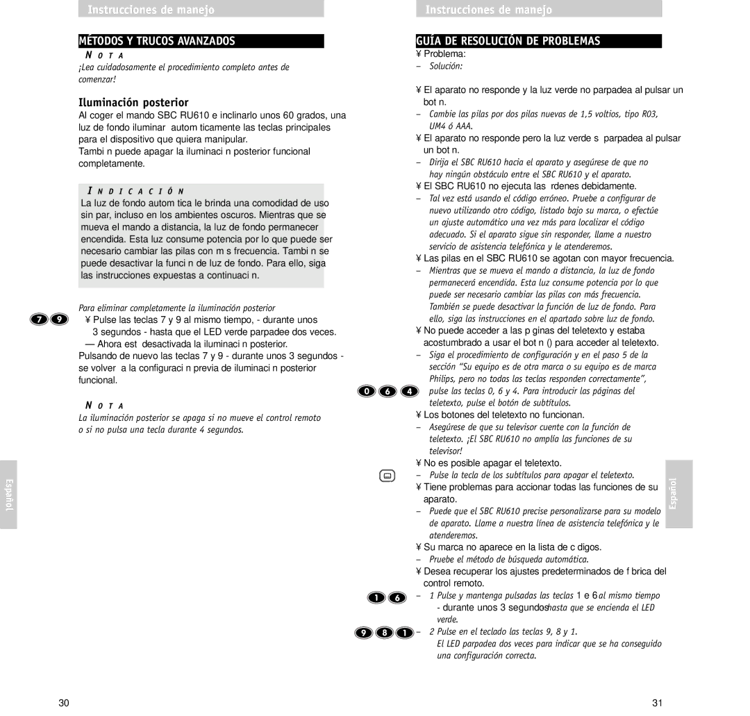 Philips RU610/00 manual Métodos Y Trucos Avanzados, Guía DE Resolución DE Problemas, Iluminación posterior 