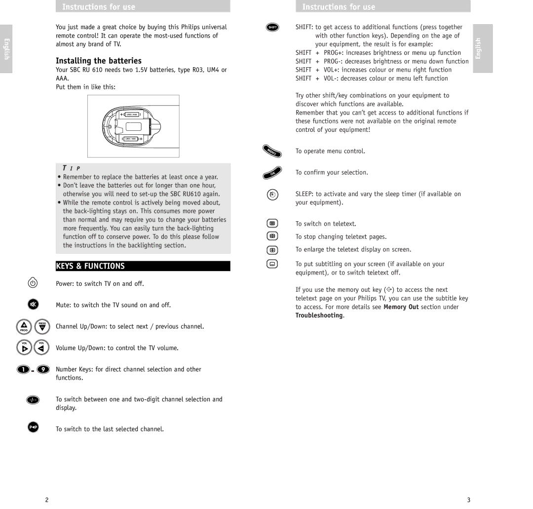 Philips RU610/00 manual Instructions for use, Installing the batteries, Keys & Functions 