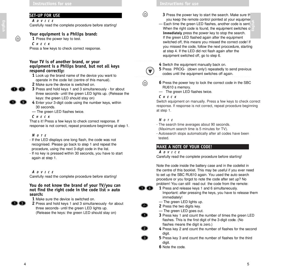 Philips RU610/00 manual SET-UP for USE, Make a Note of Your Code, Carefully read the complete procedure before starting 