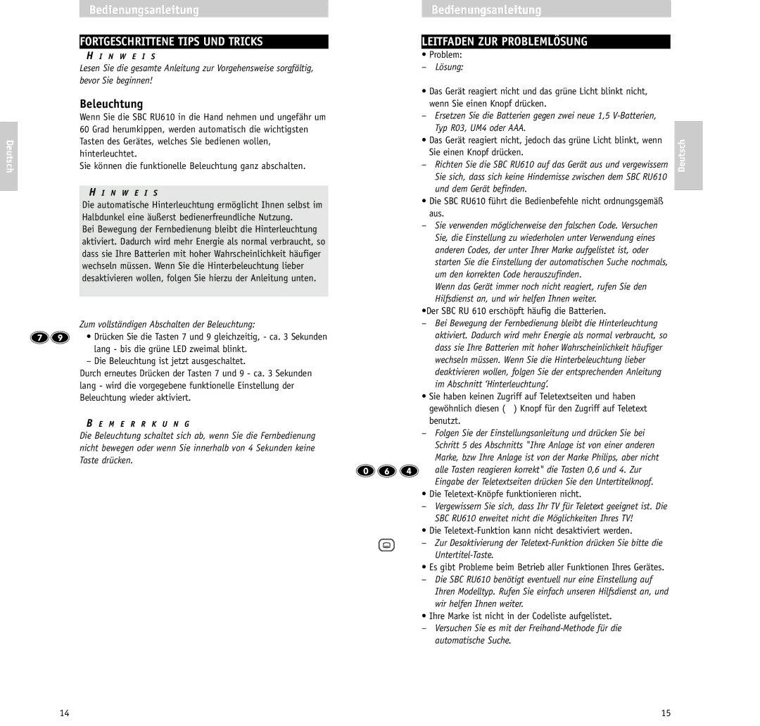 Philips RU610/00 manual Fortgeschrittene Tips UND Tricks, Beleuchtung, Leitfaden ZUR Problemlösung, Lösung 