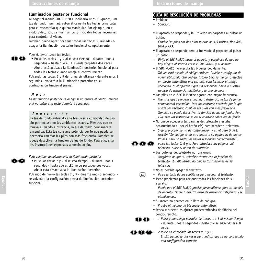 Philips RU620/00 manual Iluminación posterior funcional, Guía DE Resolución DE Problemas 