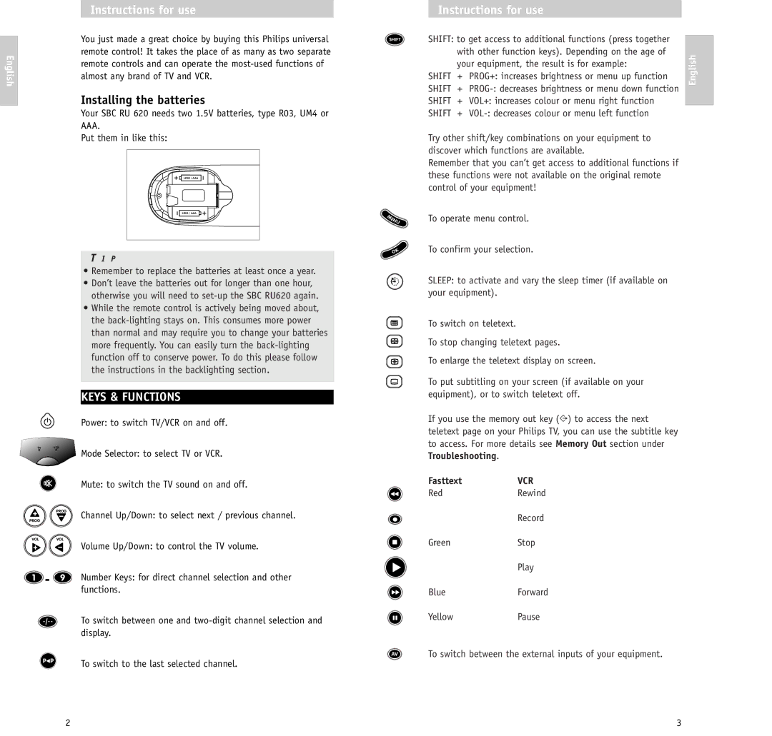 Philips RU620/00 manual Instructions for use, Installing the batteries, Keys & Functions 