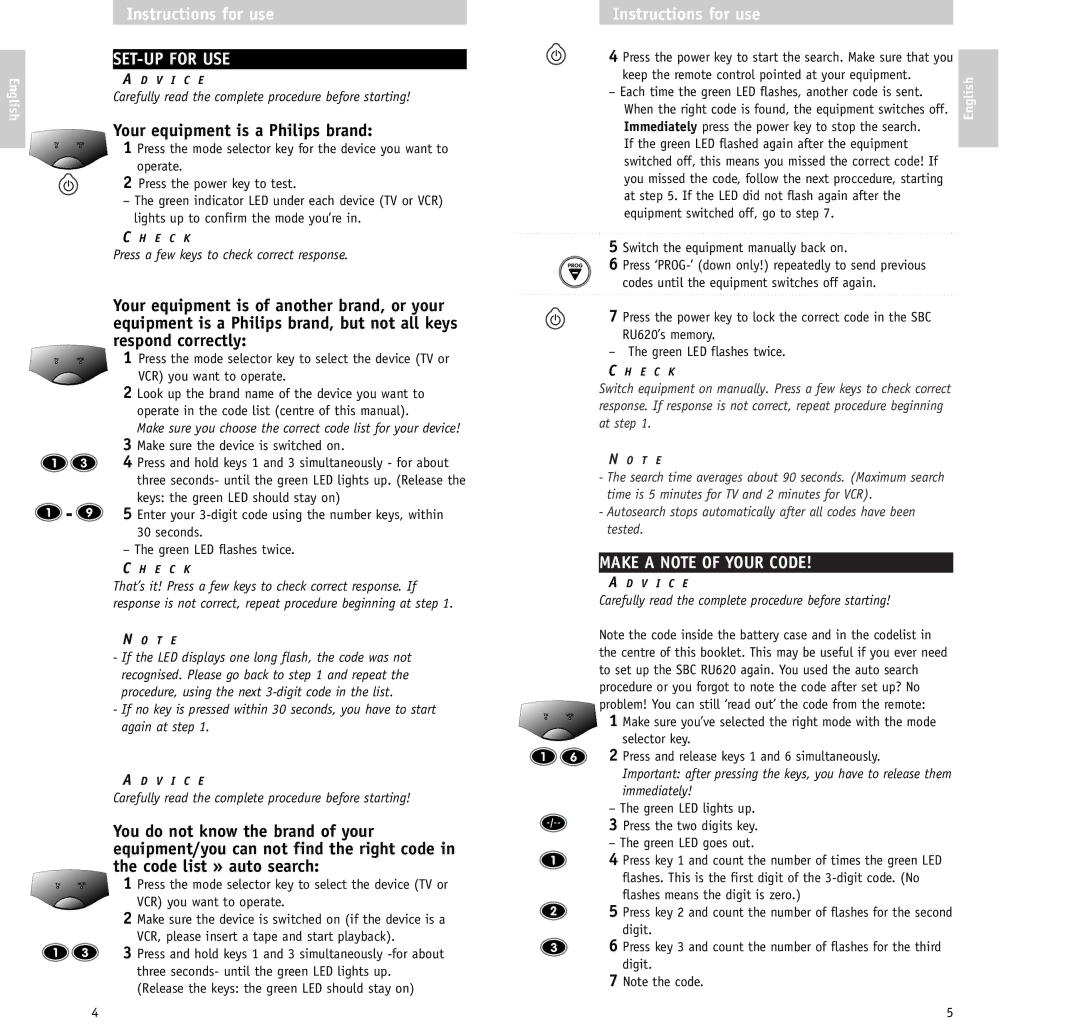 Philips RU620/00 manual SET-UP for USE, Your equipment is a Philips brand, Make a Note of Your Code 