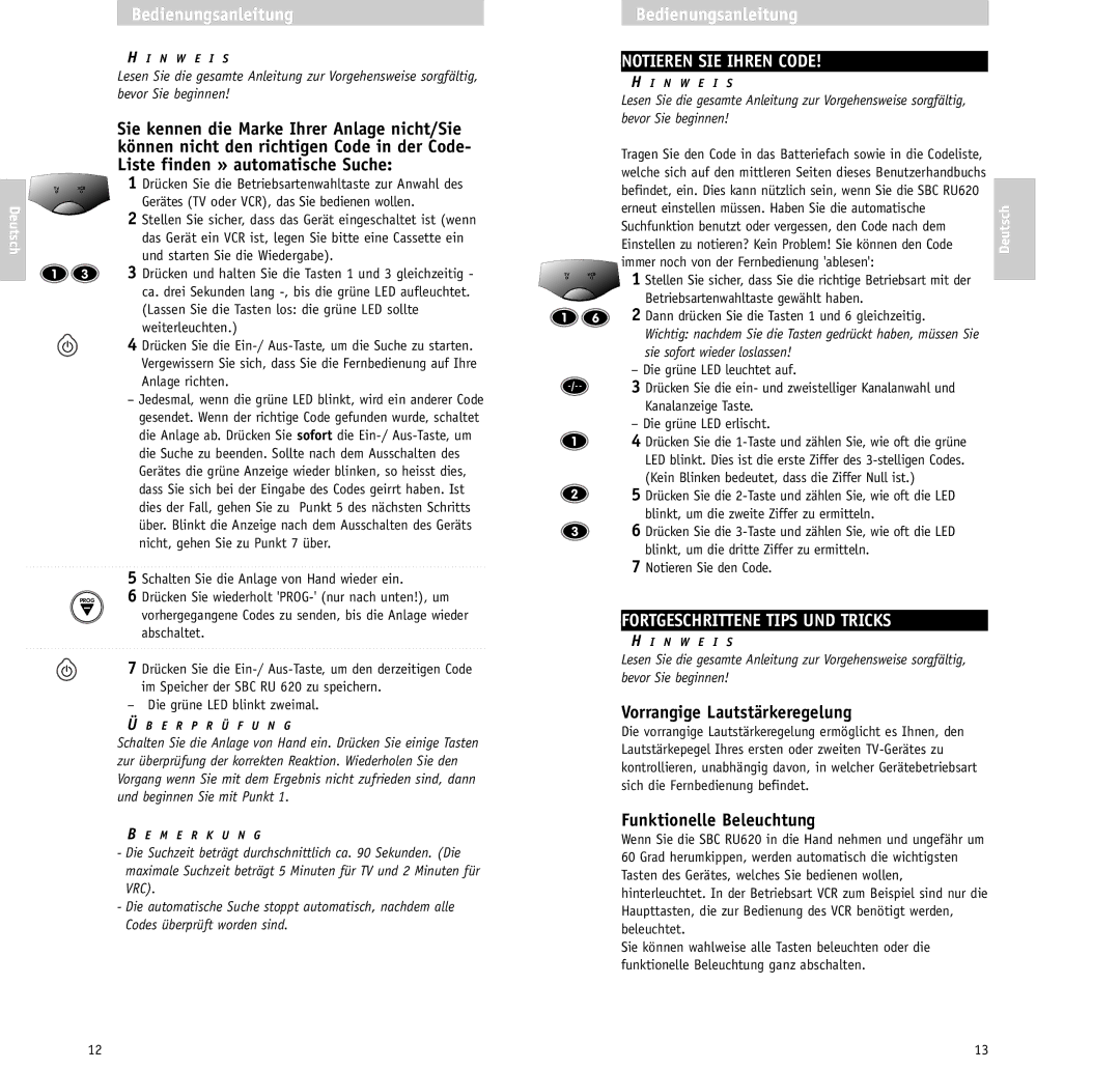 Philips RU620/00 manual Notieren SIE Ihren Code, Fortgeschrittene Tips UND Tricks, Vorrangige Lautstärkeregelung 