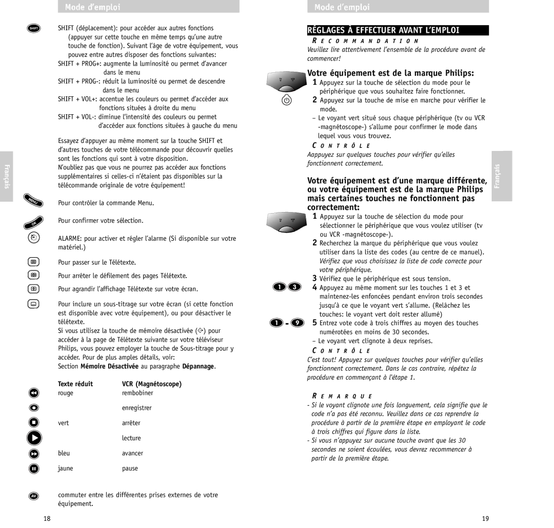 Philips RU620/87 manual Réglages À Effectuer Avant L’EMPLOI, Appuyez sur la touche de sélection du mode pour 