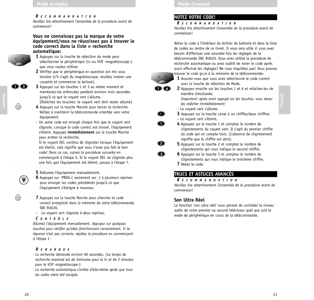 Philips RU620/87 manual Trucs ET Astuces Avancés, Son Ultra Réel, Les relâcher immédiatement, Commencer 