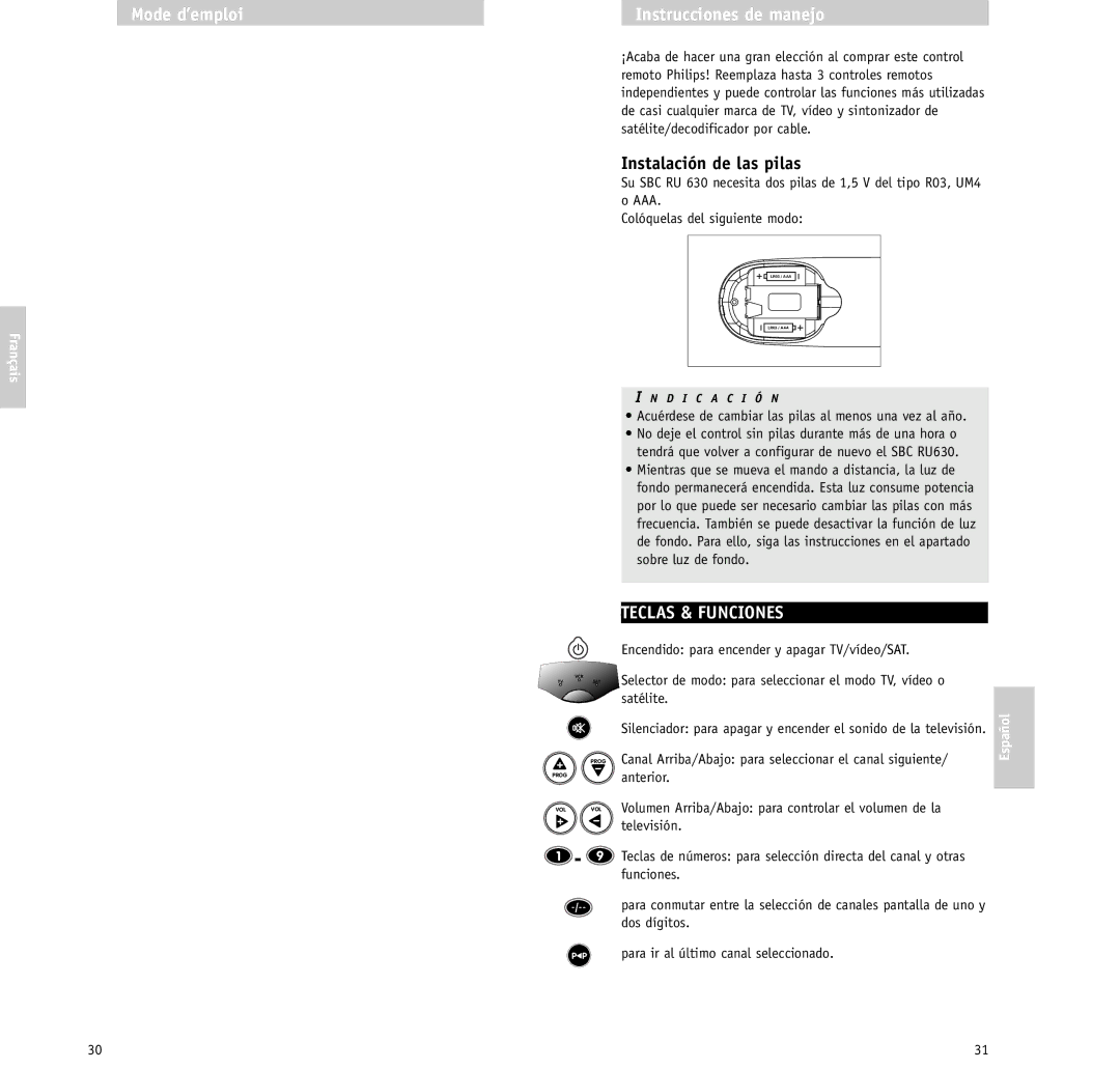 Philips RU630/00 manual Mode d’emploi Instrucciones de manejo, Instalación de las pilas, Teclas & Funciones 