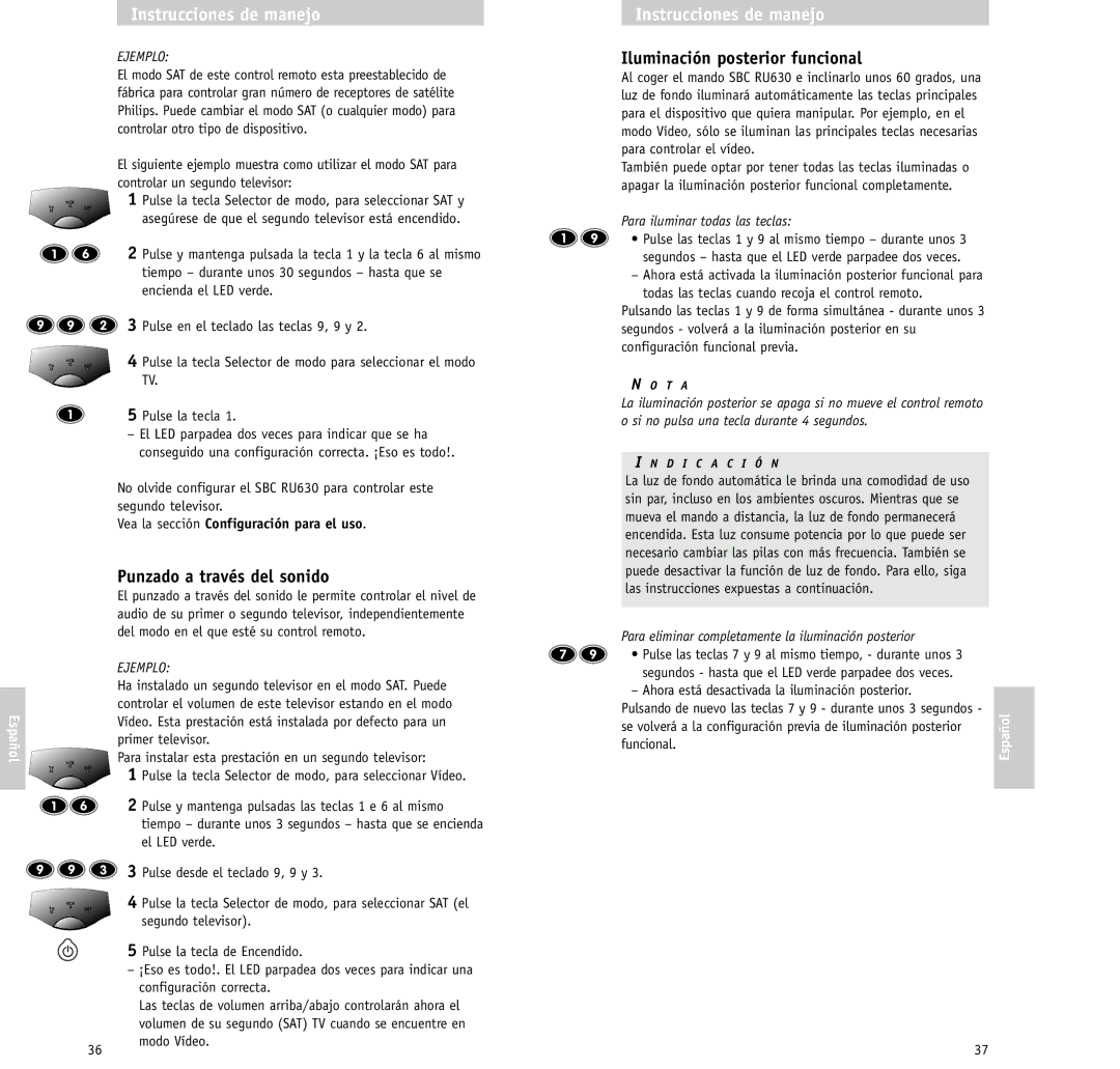 Philips RU630/00 manual Iluminación posterior funcional, Punzado a través del sonido, Ejemplo 