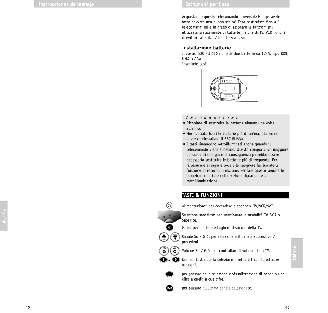 Philips RU630/00 manual Instrucciones de manejo Istruzioni per l’uso, Installazione batterie, Tasti & Funzioni 