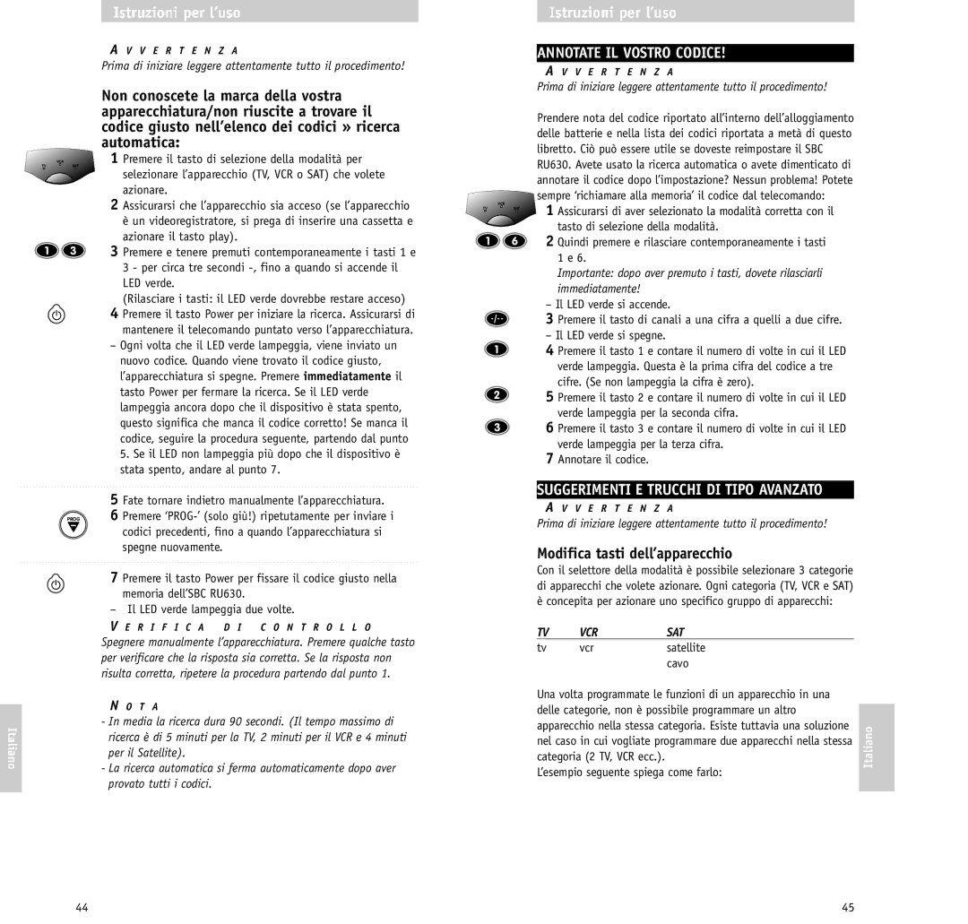 Philips RU630/00 manual Annotate IL Vostro Codice, Suggerimenti E Trucchi DI Tipo Avanzato, Modifica tasti dell’apparecchio 