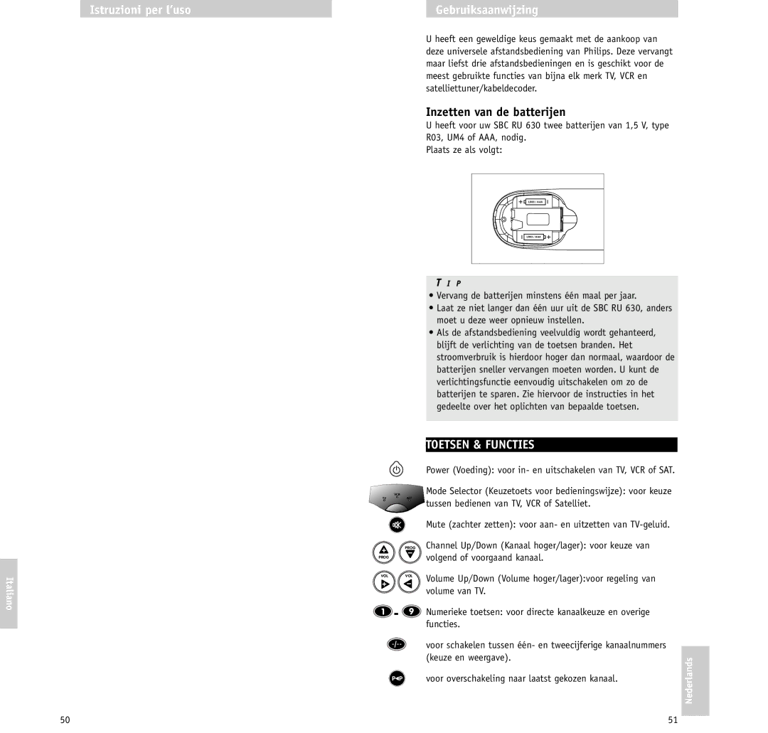 Philips RU630/00 manual Istruzioni per l’uso Gebruiksaanwijzing, Inzetten van de batterijen, Toetsen & Functies 