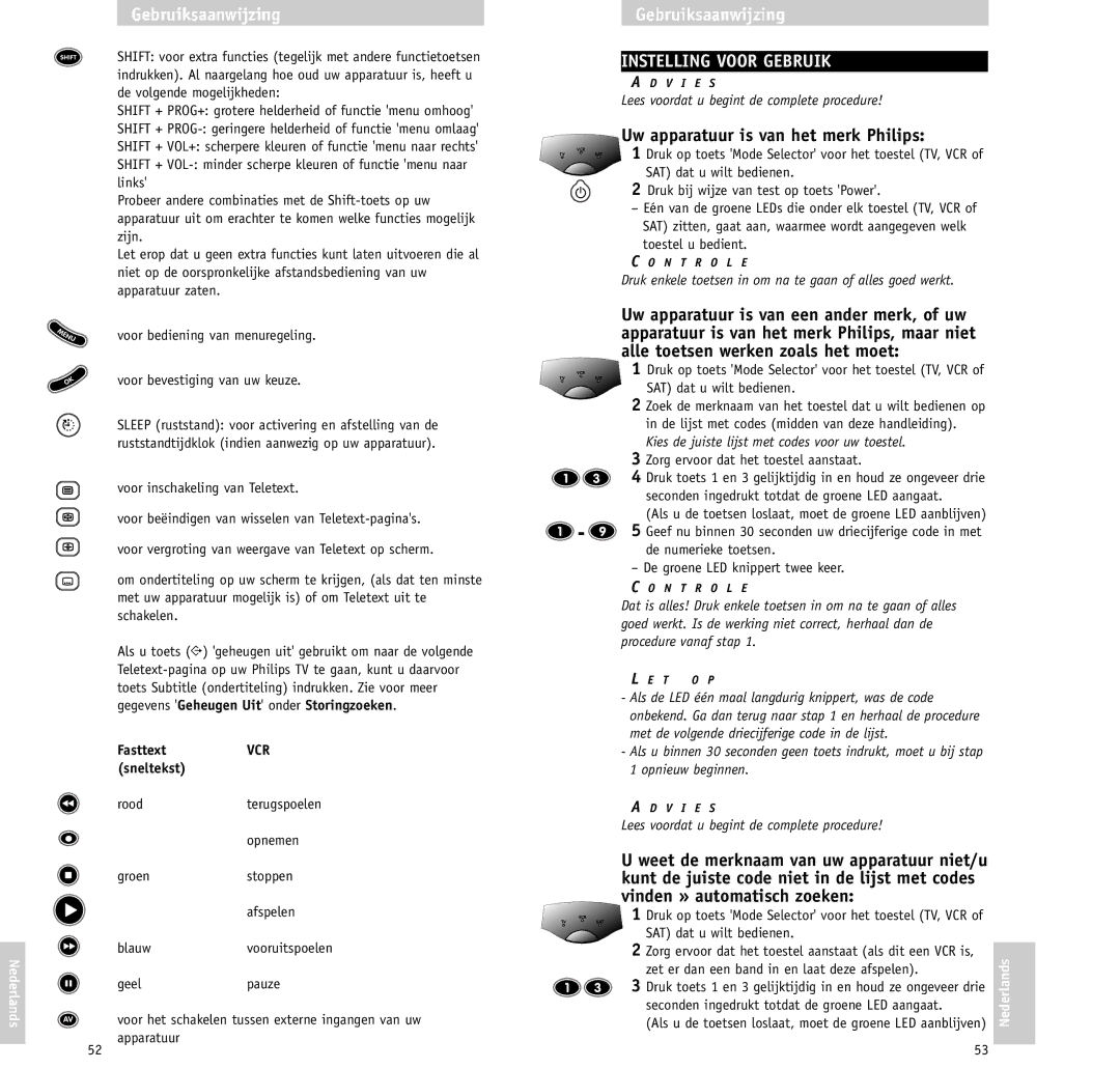 Philips RU630/00 manual Instelling Voor Gebruik, Uw apparatuur is van het merk Philips, FasttextVCR sneltekst 