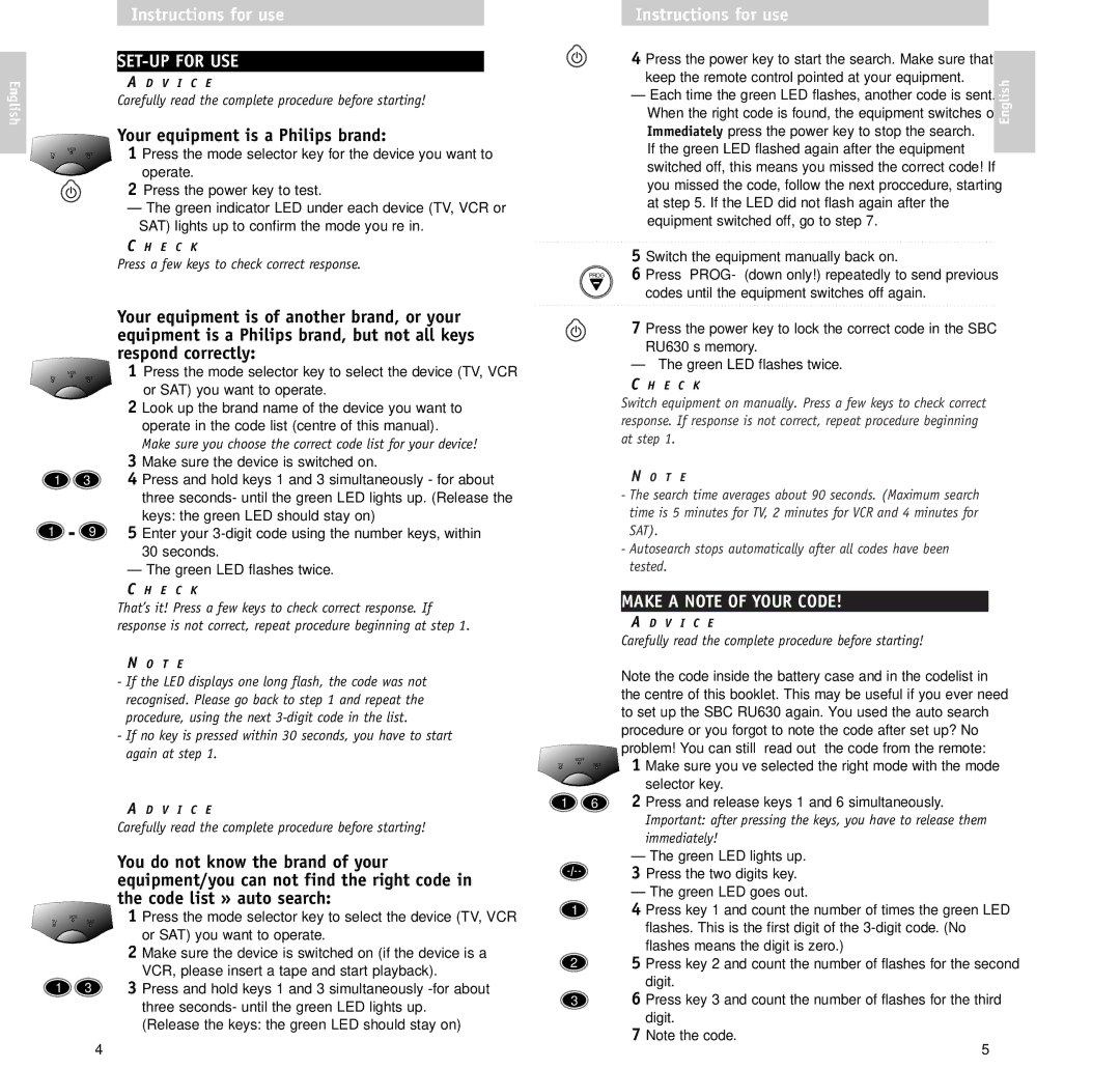 Philips RU630/00 manual SET-UP for USE, Your equipment is a Philips brand, Make a Note of Your Code 