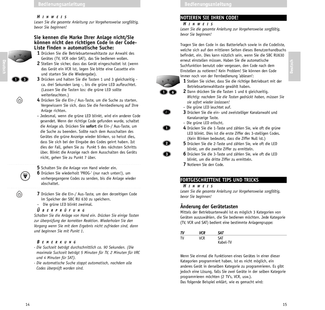 Philips RU630/00 manual Notieren SIE Ihren Code, Fortgeschrittene Tips UND Tricks, Änderung der Gerätetasten 