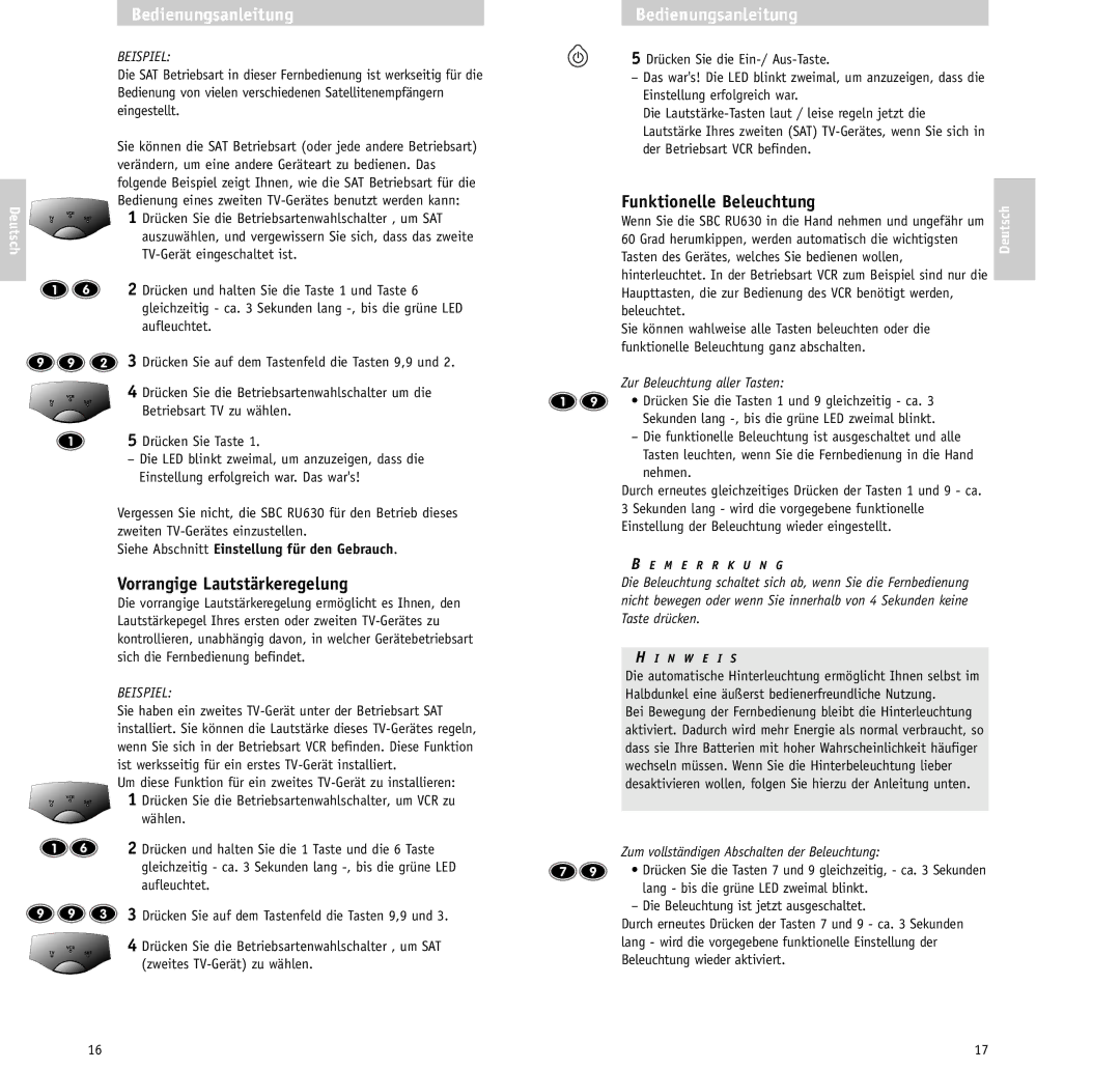 Philips RU630/00 manual Funktionelle Beleuchtung, Vorrangige Lautstärkeregelung, TV-Gerät eingeschaltet ist, Wählen 