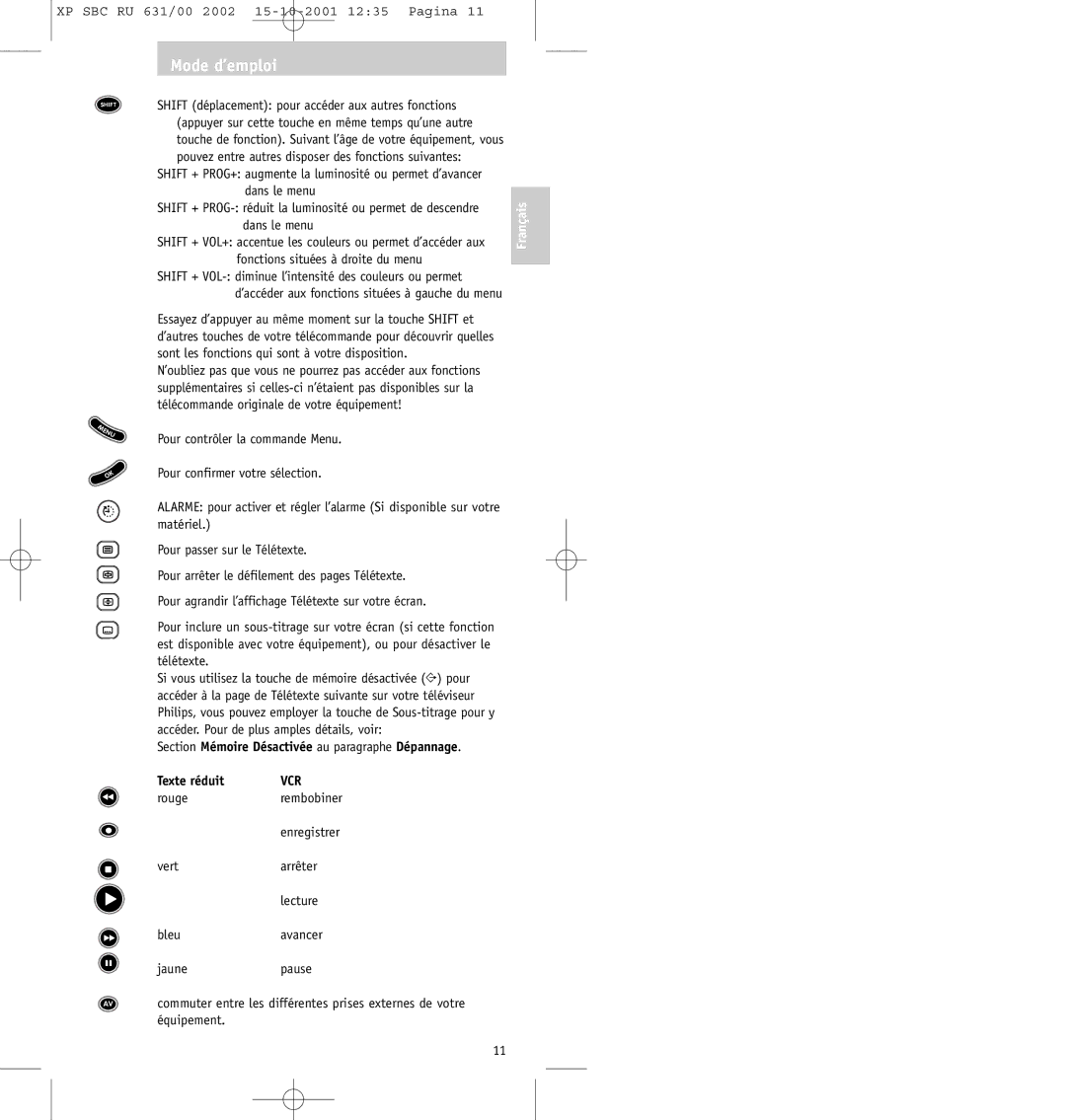 Philips RU631/00 manual Shift déplacement pour accéder aux autres fonctions, Dans le menu 