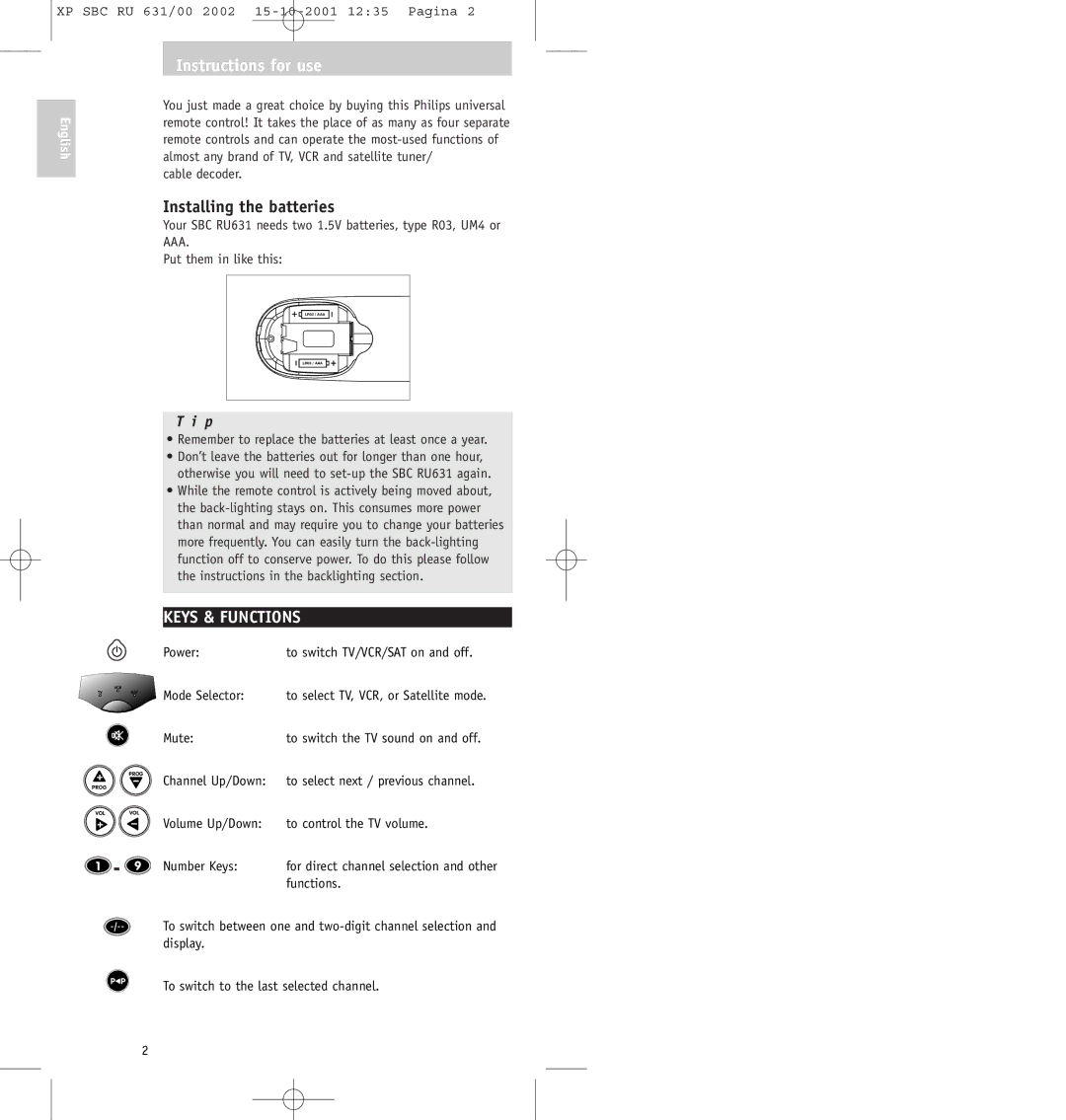 Philips RU631/00 manual Instructions for use, Installing the batteries, Keys & Functions 