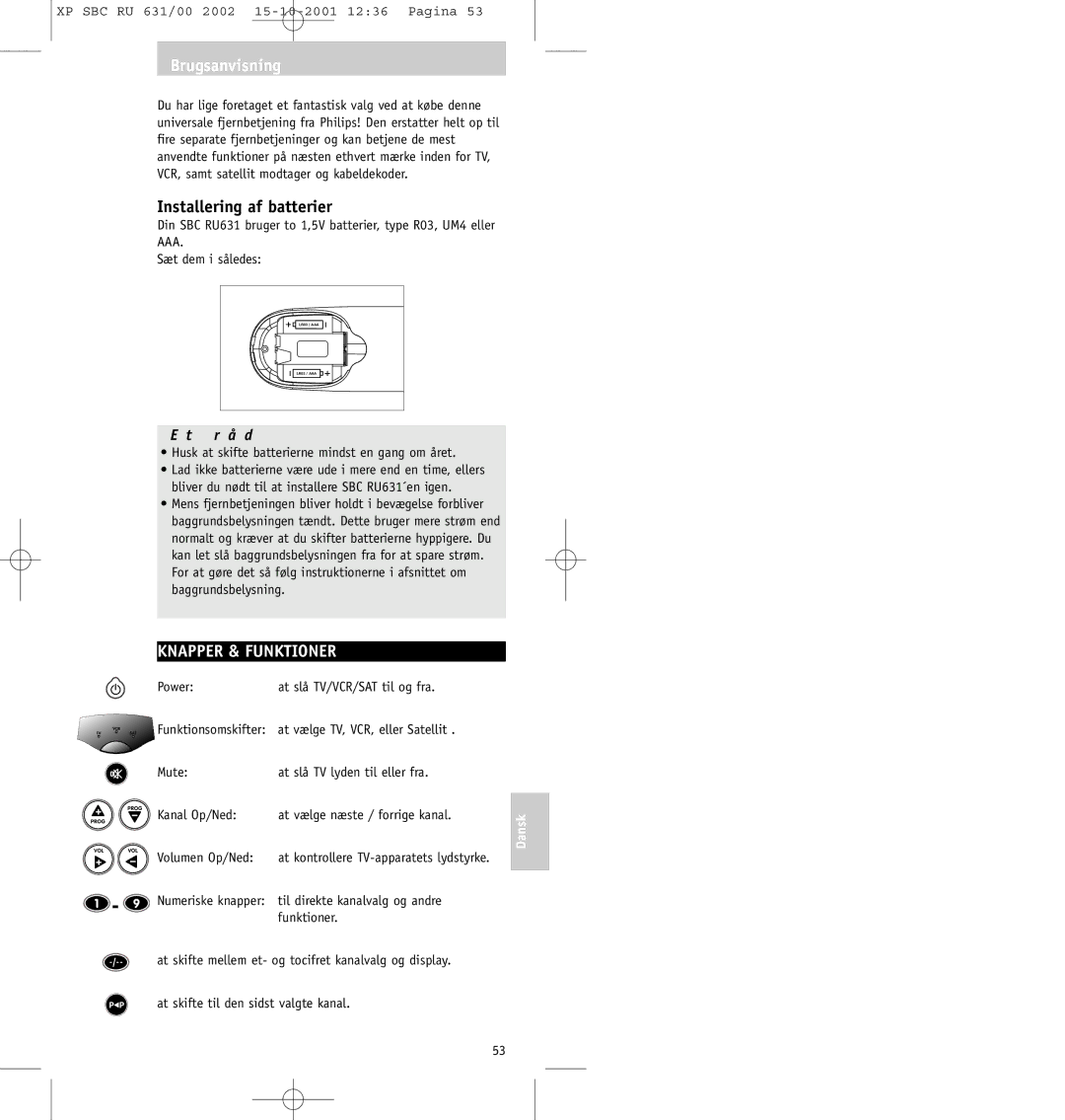 Philips RU631/00 manual Brugsanvisning, Installering af batterier, Knapper & Funktioner 