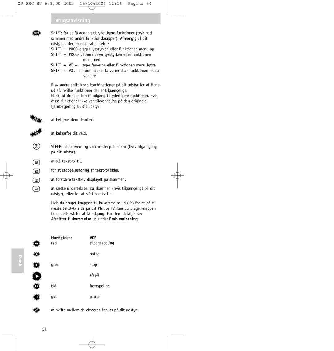 Philips RU631/00 manual Afsnittet Hukommelse ud under Problemløsning, Hurtigtekst VCR 