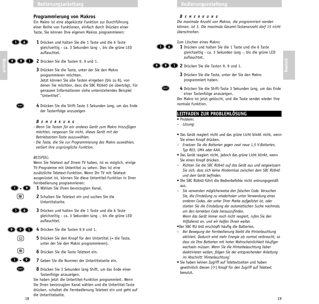 Philips RU640/00 Programmierung von Makros, Leitfaden ZUR Problemlösung, Geben Sie die Nummer der Untertitelseite ein 