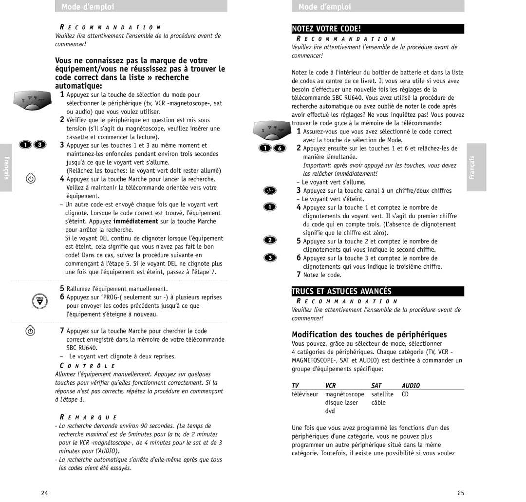 Philips RU640/00 manual Modification des touches de périphériques, Les relâcher immédiatement 