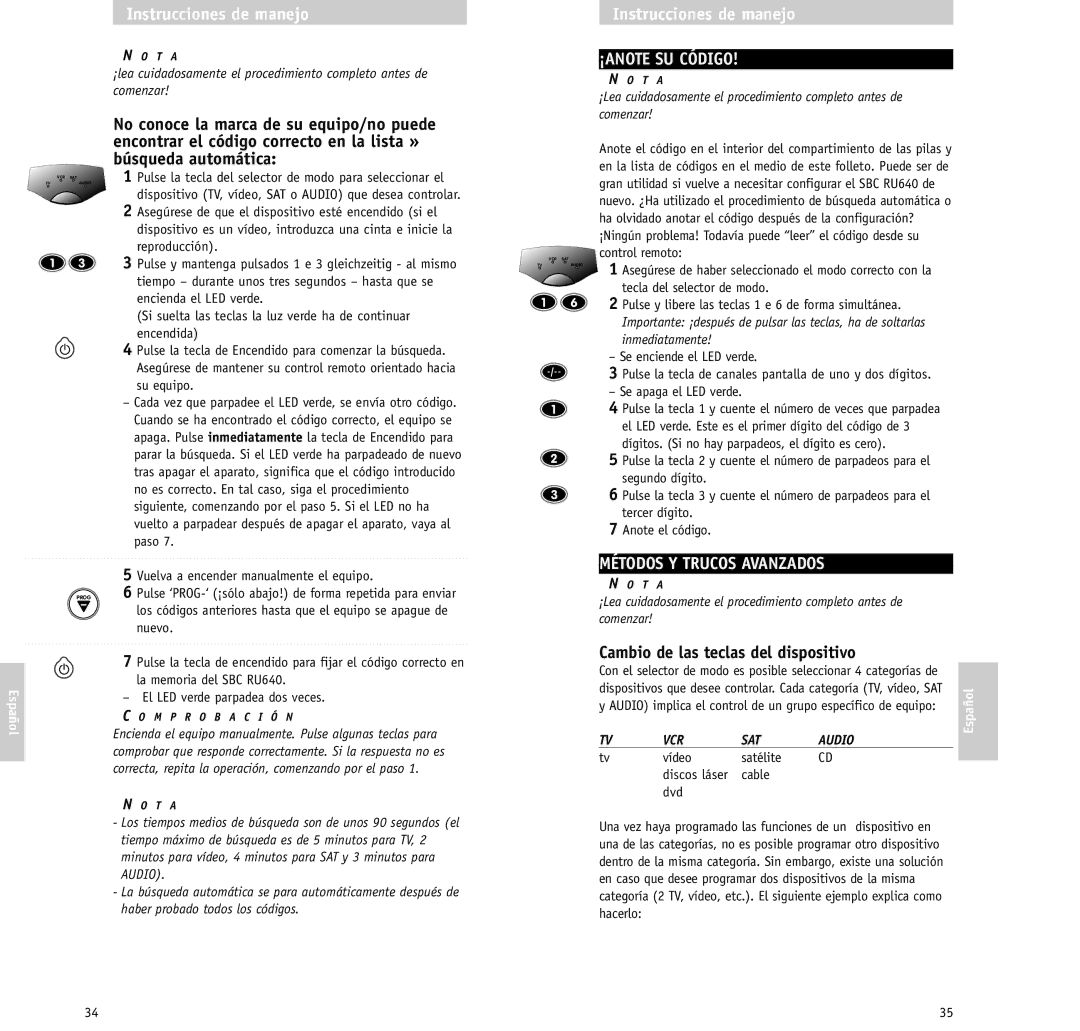 Philips RU640/00 manual ¡ANOTE SU Código, Métodos Y Trucos Avanzados, Cambio de las teclas del dispositivo 