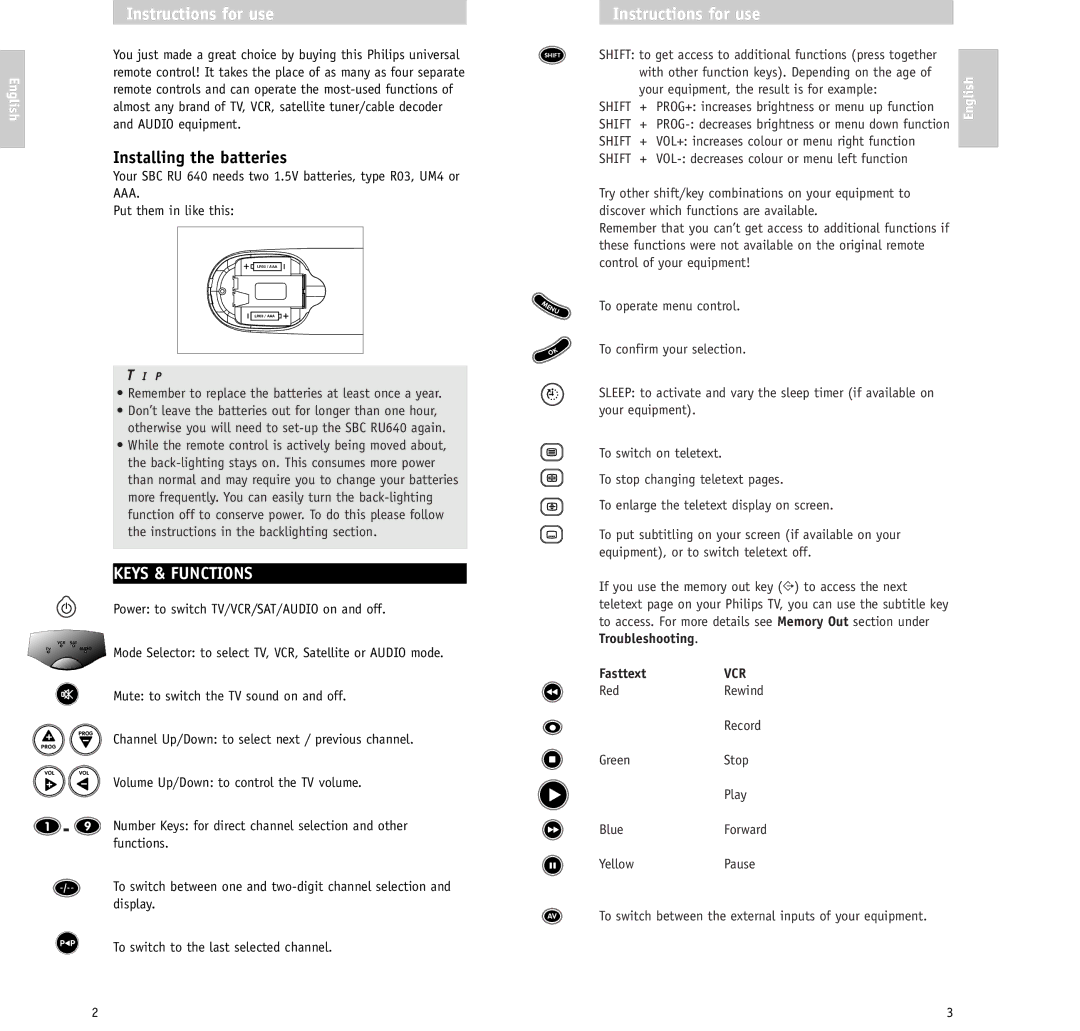 Philips RU640/00 manual Instructions for use, Installing the batteries, Keys & Functions, English 