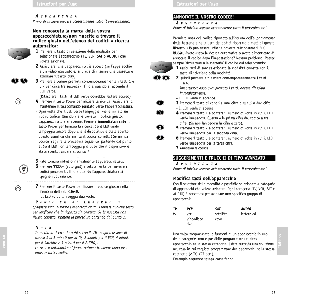 Philips RU640/00 manual Annotate IL Vostro Codice, Suggerimenti E Trucchi DI Tipo Avanzato, Modifica tasti dell’apparecchio 