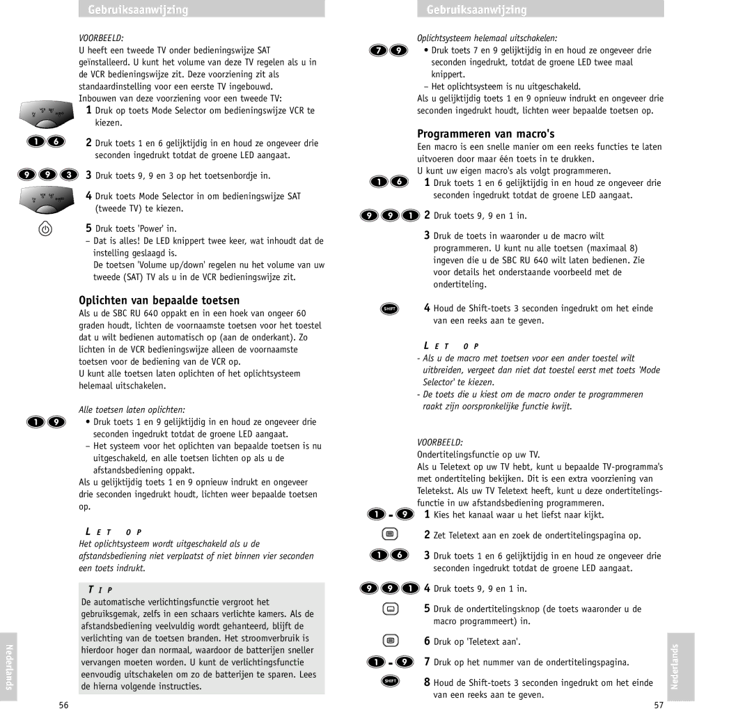 Philips RU640/00 manual Programmeren van macros, Oplichten van bepaalde toetsen, Oplichtsysteem helemaal uitschakelen 