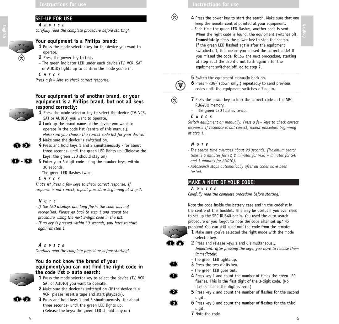 Philips RU640/00 manual SET-UP for USE, Your equipment is a Philips brand, Make a Note of Your Code 