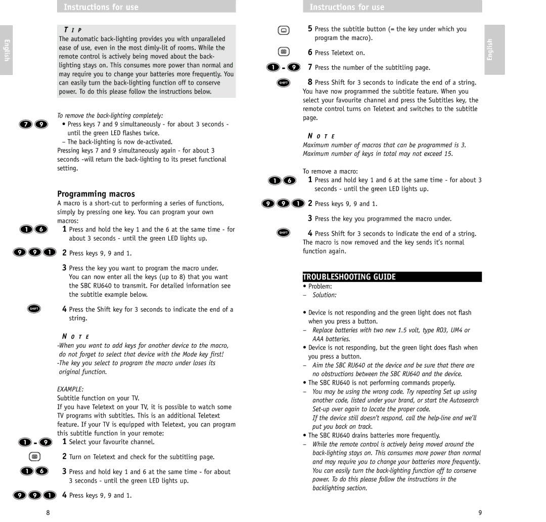 Philips RU640/00 manual Programming macros, Troubleshooting Guide, To remove the back-lighting completely, Solution 